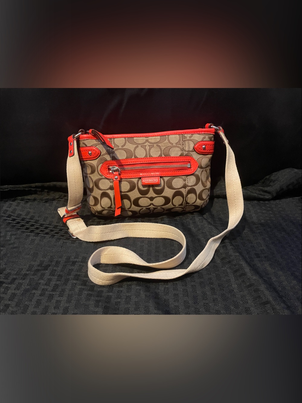 Coach Signature Canvas Crossbody with Red Trim and Beige Strap